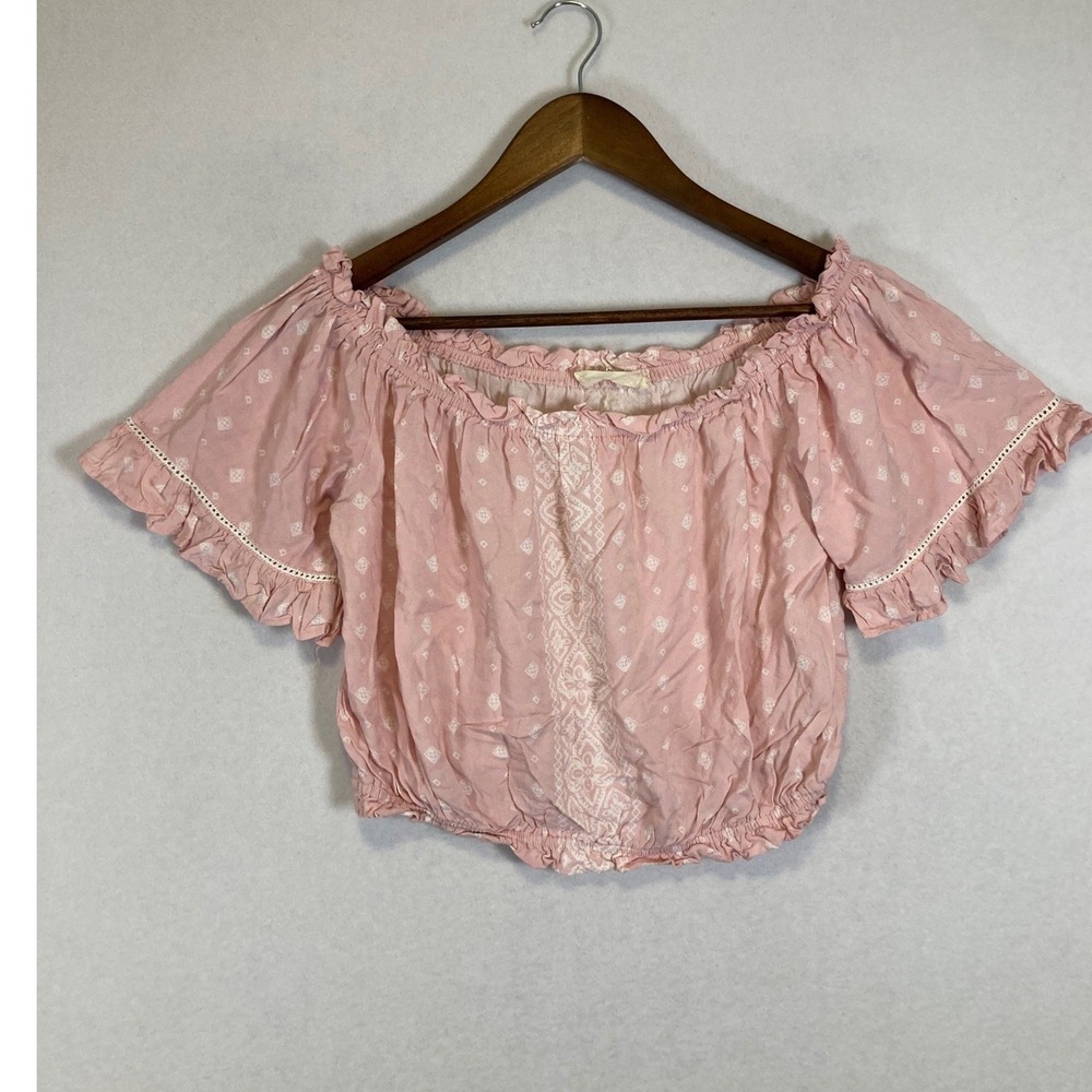 Boho Cottagecore Ocean Drive Women M Pink Off Shoulder Ruffle Crop Top‎ B7215